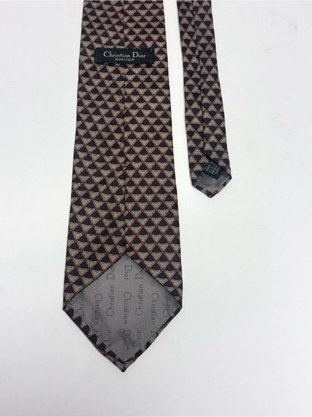Christian Dior Silk Navy Burgundy Geometric Foulard Pattern Luxury Necktie